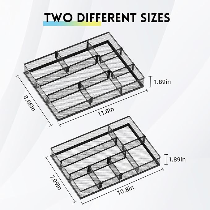2 Pack Desk Drawer Organizer with Adjustable Dividers, Black | Metal Mesh Desk Organizers for Office Supplies, Makeup, Kitchen & Vanity - Image 2
