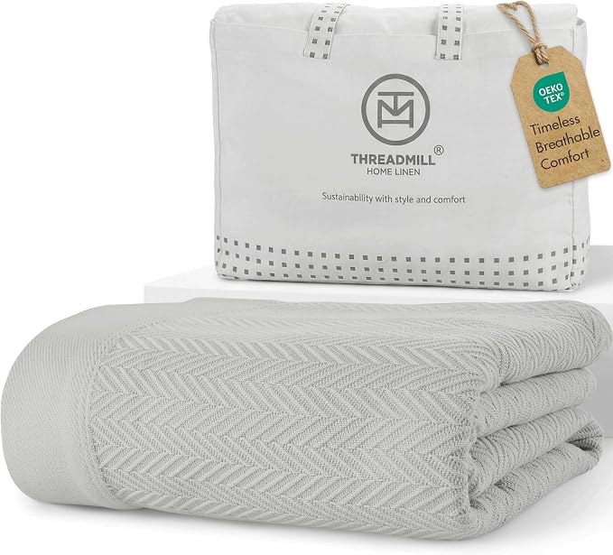 Threadmill Luxury Cotton Blankets for King Size Bed | All-Season Cozy 100% Cotton King Size Blanket | Herringbone Soft Fall Thermal Blanket fits California King Size Bed | Light Grey | 100% Cotton, Herringbone Pattern, 106x92 in, Breathable, All-Season... by ThreadmillHomeLinen