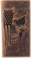 F&L CLASSIC Men's RFID Vintage Look Genuine Leather Long Bifold Wallet Checkbook Wallets,brown flag skull,240-103 by FLCLASSIC