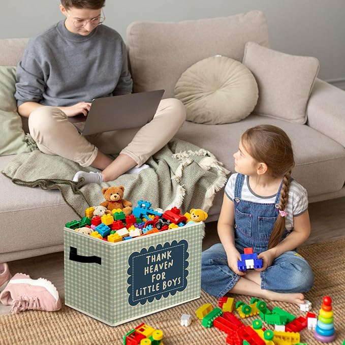 Rustic Thank Heaven for Little Boys Storage Bins Boxes with Handles | toys books clothes,blue checkered nursery foldable basket for organizing bedroom toddler room playroom - Image 4