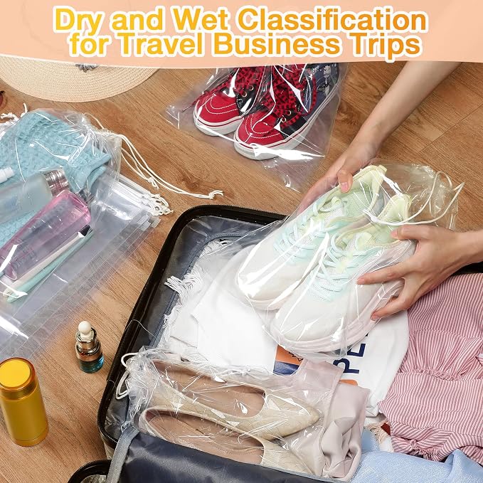 100 Packs Shoes Bags for Travel 10 x 14 Inch Large Transparent Plastic Bags | Clear Drawstring Bags Plastic Waterproof Shoe Packing Bag Storage Organizer Pouch with Rope for Men Women Travel Accessories - Image 7
