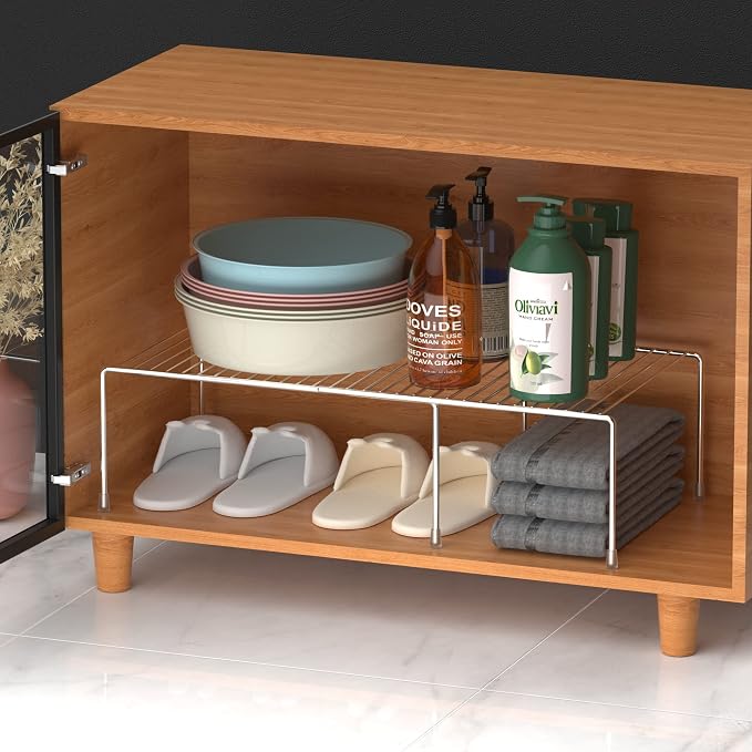 Kitchen Cabinet Expandable Shelf Organizers Set of 2, Adjustable Metal Wire Pantry Storage Shelves, Plate Dish Organizer Rack for Cabinets, Cupboard, Counter, Freezer, Countertop, Chrome - Image 9