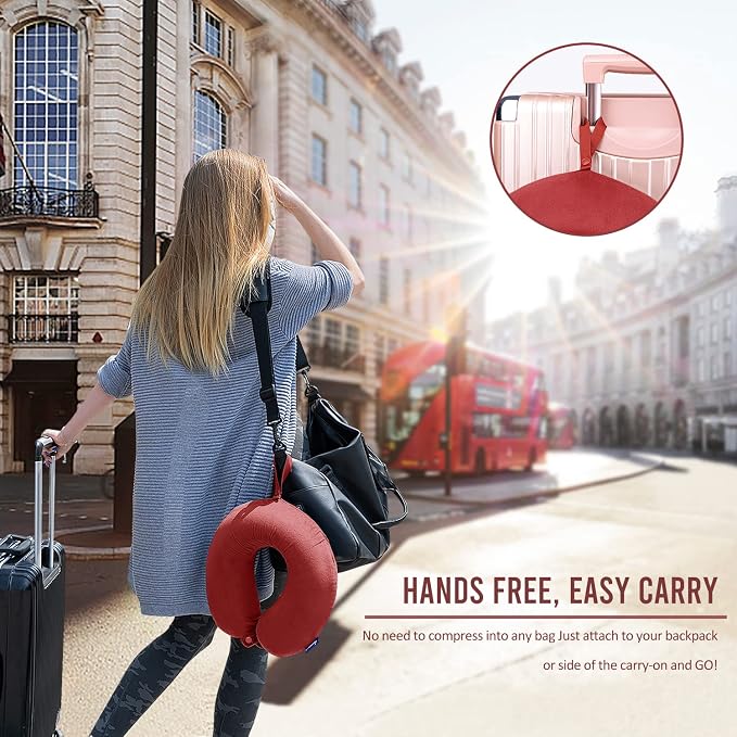 Neck Pillows for Travel - Airplane Pillow for Long Flight with Attachable Snap Strap Washable Cover, Memory Foam Travel Rest Pillow for Airplanes, Plane, Neck Support for Adults Red - Image 2