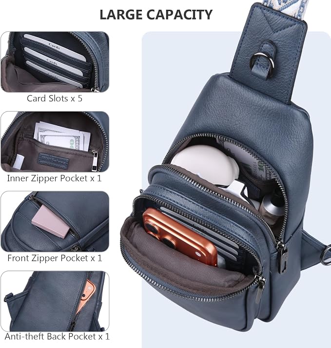 Anti-theft Chest Bags Women Small PU Leather Sling Fanny Pack | RFID Blocking,Safety Zipper,5 Card Slots,Adjustable Strap,Large Capacity,Multi Pockets,Faux Leather,Daypack,Bum Bags,Travel - Image 7