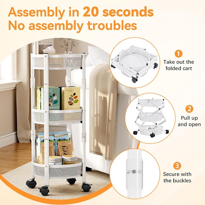 TOOLF 3 Tier Foldable Rolling Cart, Metal Utility Storage Cart, White | Assembly-Free, Lockable Wheels, Round Trolley Organizer for Bathroom, Kitchen, Office, Dorm, Laundry, Craft Room - Image 4