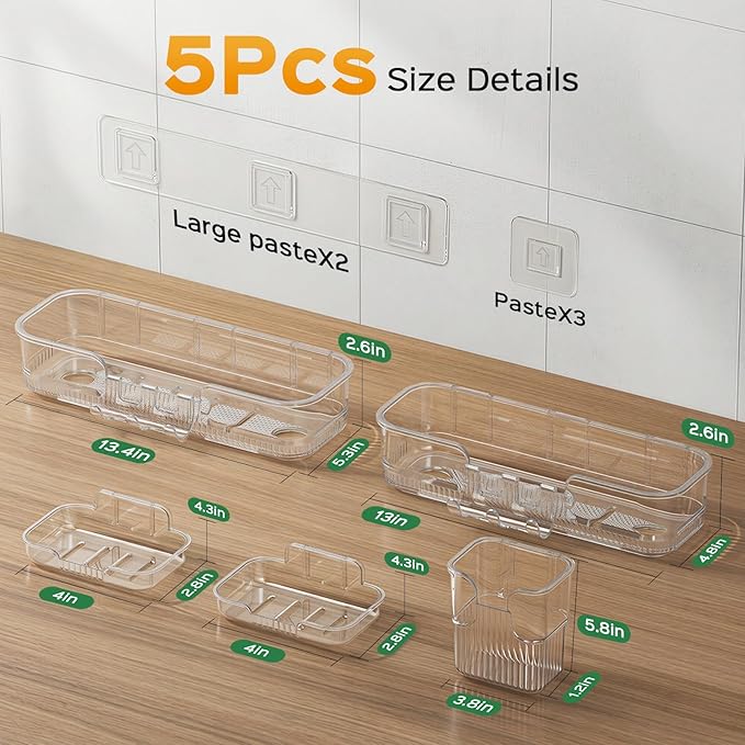 HAMITOR 5 Pack Adhesive Shower Caddy, Clear Transparent Shower Organizer | Modern Clear Design, Waterproof Adhesive Setup, Quick Drainage Shelves, Perfect for Homeowner, Apartments & Stylish Bathrooms - Image 9