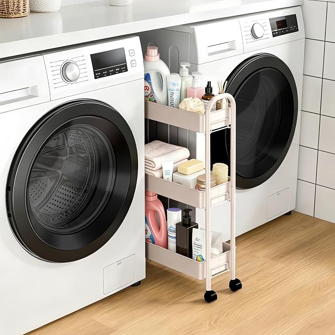 Slim Rolling Cart, Metal Frame Utility Rolling 3-Tier Narrow Storage Cart | Kitchen Storage Organizer, Mobile Shelving Unit for Bathroom Kitchen - Image 5