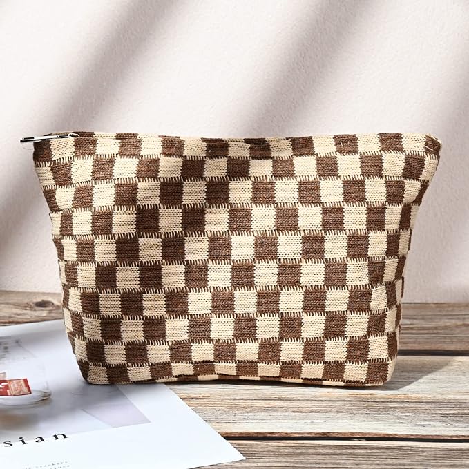 SOIDRAM 2 Pieces Makeup Bag Large Checkered Cosmetic Bag Capacity Canvas Travel Toiletry Bag Organizer Cute Makeup Brushes Aesthetic Accessories Storage Bag for Women, Checkered L Black Brown - Image 5