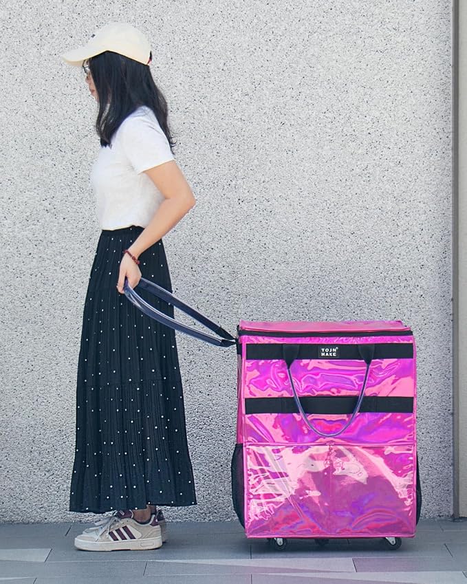 Reusable Grocery Bag with Wheels (Large, Glitter Pink), Shopping Trolley with 8 Pockets and Zipper Cover Foldable Rolling Tote for Women, Kitchen, Travel, Carries Up to 76LBS - Image 5