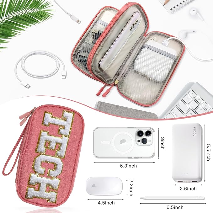 COSHAYSOO Cord Charger Organizer Travel Case Traveling Trip Gifts for Women TECH Bag Chenille Letter Pouch, Electronics Accessories Summer Camp College Dorm Essentials Must Have for Teen Girls Pink - Image 4