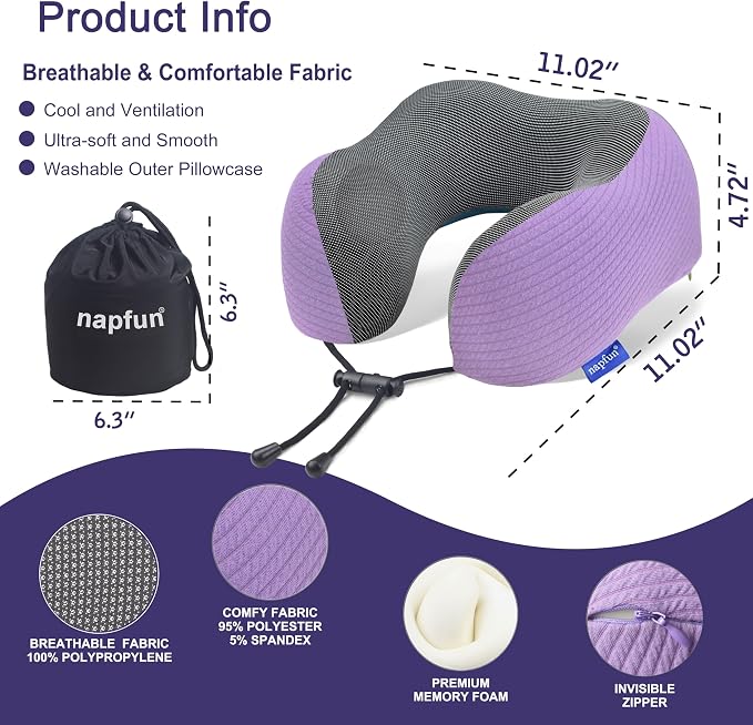 napfun Neck Pillow for Travel with Travel Pouch, Sleep Mask & Earplugs, Memory Foam Airplane Pillow for Headrest Sleep with Eyeshades, Plane Essentials with Eye Blindfold, Light Purple Striped Kit - Image 2
