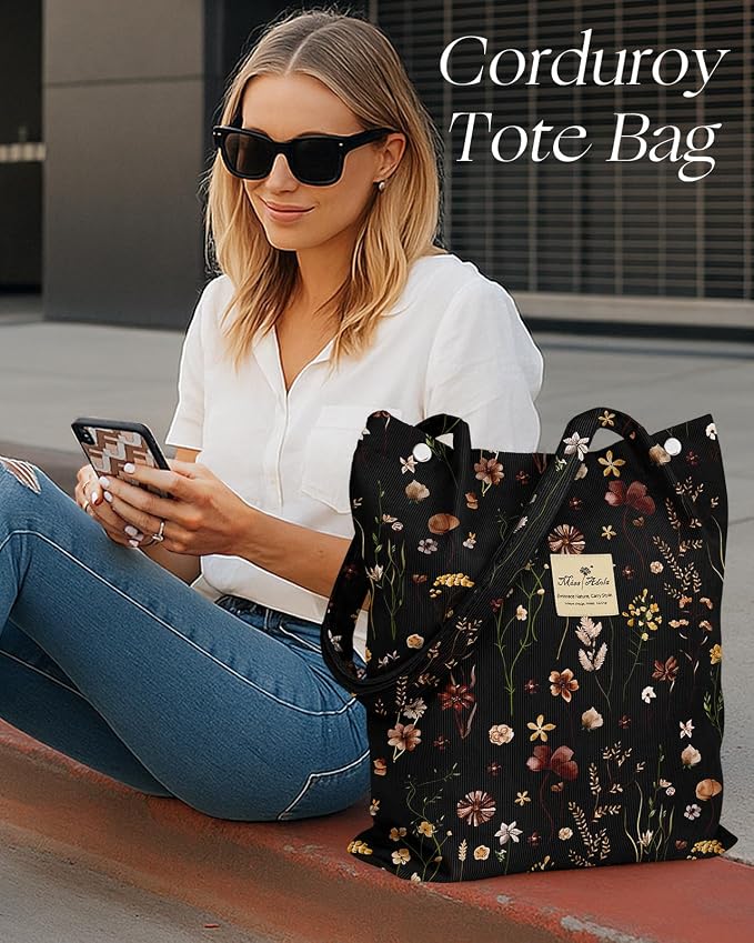 Miss Adola Corduroy Tote Bag for Women with Aesthetic Design | Magnetic Buckle & Pocket, Reusable, Soft, Roomy, Long Shoulder Handles, Double-sided Print, Casual Daily Work, Grocery Bags - Image 6