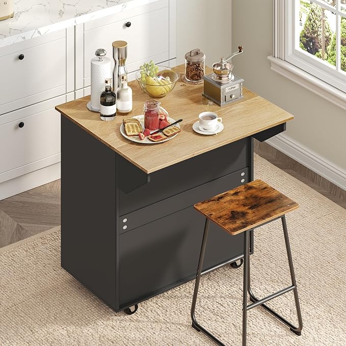 MAHANCRIS Kitchen Island on Wheels with Drop Leaf, Folding Countertop Kitchen Island Cart, Kitchen Islands Table with Towel Rack, Drawer, for Kitchen, Dining Room, Black and Natural KINB12501 - Image 2