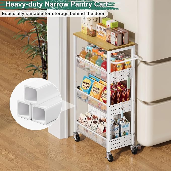 Laundry Room Slim Rolling Cart with Wheels for Between Washer and Dryer Gap | Utility Narrow Laundry Room Organization and Storage Shelves, White Skinny Shelf with Table Top,Detergent Organizer Cabinet - Image 7