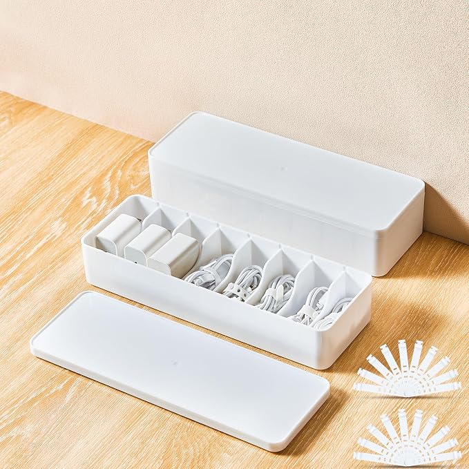 Tatuo 2 Pcs Cord Organizer for Drawer Desktop, Cable Organizer Box with 8 Compartments and Wire Ties, Plastic Charger Storage with Lid, Electronics Case for Home Office Accessories (Small,White) by Tatuo