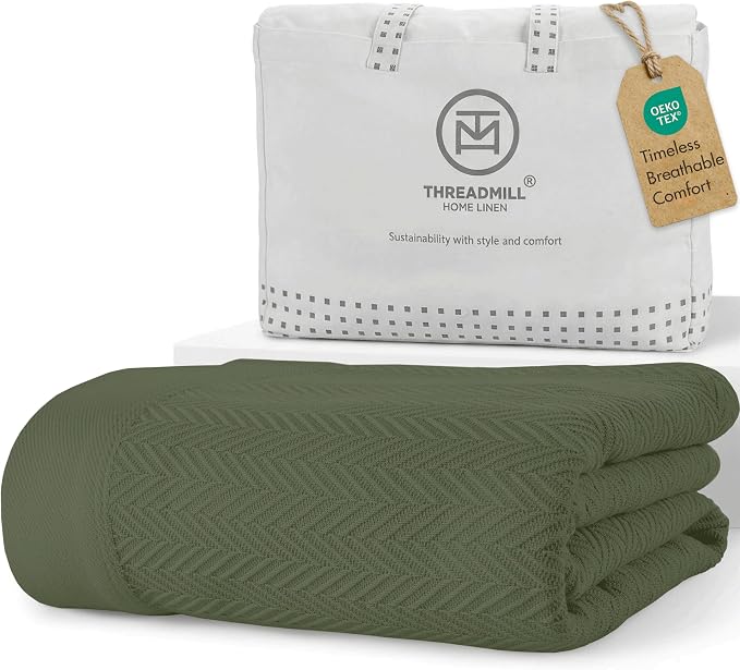 Threadmill Luxury Cotton Blankets for Queen Size Bed | All-Season 100% Cotton Queen Size Blanket | Herringbone Cozy, Soft Breathable Fall Thermal Blanket fits Full Size Bed | Olive by ThreadmillHomeLinen