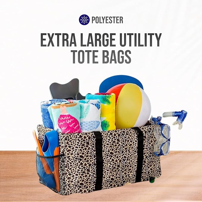 Extra Large Utility Tote Bag - Oversized Collapsible Reusable Wire Frame Rectangular Canvas Basket With Two Exterior Pockets For Beach, Pool, Laundry, Car Trunk, Storage - Leopard - Image 8