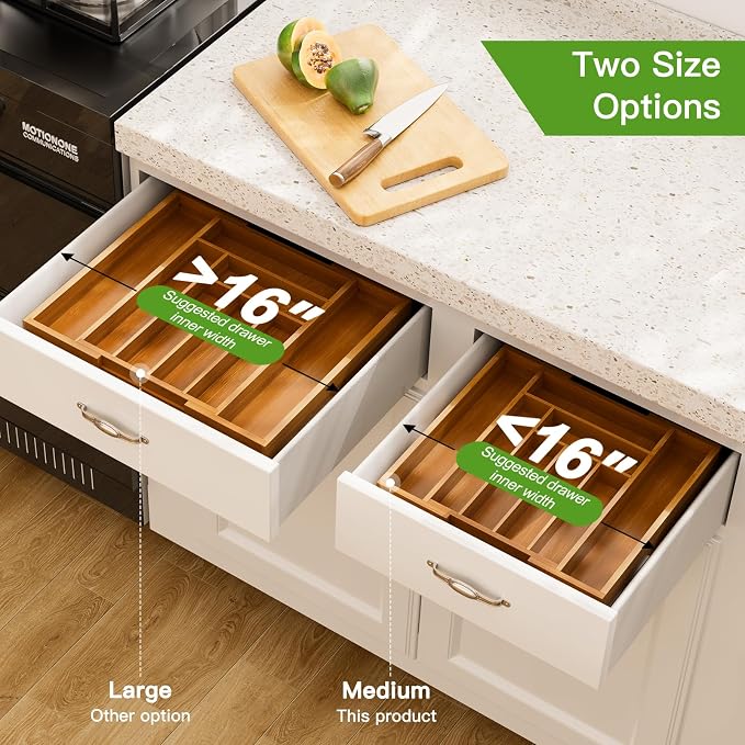 Pipishell Bamboo Expandable Drawer Organizer for Utensils Holder, Adjustable Silverware Organizer Cutlery Tray, Drawer Dividers for Utensils, Flatware, Knives in Kitchen, Bedroom, Living Room Brown - Image 4