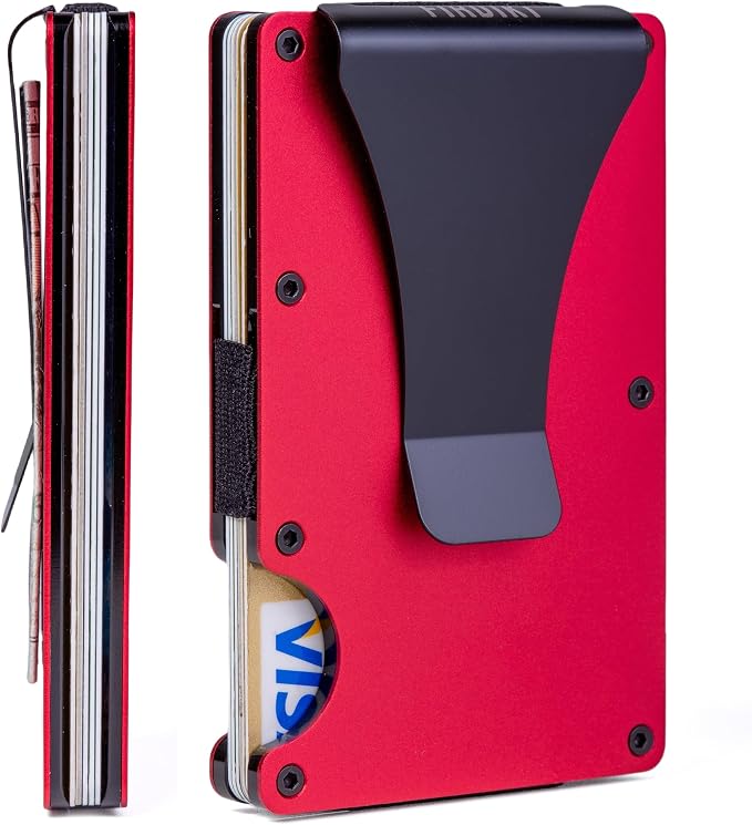 Minimalist Wallet for Men, Slim Metal RFID Blocking Wallet Credit Card Holder Money Clip & Cash Strap, Scratch-Resistant Holds 15 Cards,Ideal Gift for Men | Matt Red by Unknown