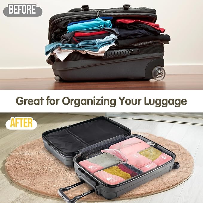 Compression Packing Cubes 8 Set, Dual Zipper Compression Packing Cubes for Travel, See-Through Mesh Packing Bags for Suitcases, Compression Travel Cubes with Shoe Bag (Pink) - Image 5