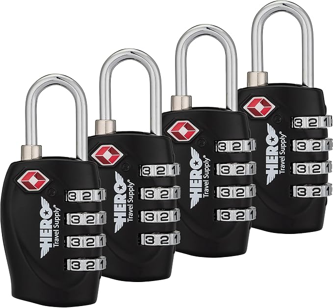 Hero Luggage Lock (Pack of 4) TSA Approved, 4 Digit Combination Padlock for Travel, Suitcases, Lockers, Backpacks by HeroTravelSupply