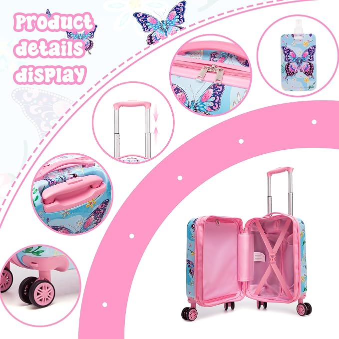 Kids Luggage Sets 2 Piece Rolling Suitcases with Wheels for Girls Hardshell Toddler Suitcase Set with Neck Pillow Airplane 16 Inch Kids' Carry on Luggage Blue Butterfly - Image 3