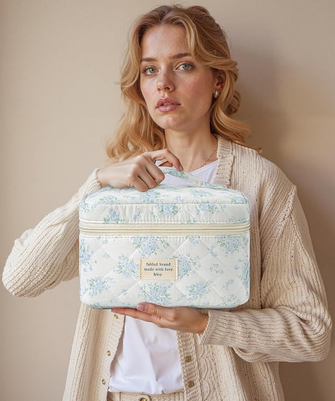 HBselect Quilted Makeup Bag, 3Pcs Cotton Large Travel Makeup Bags Organizer | Cute Floral Make up Bag Cosmetic Bag Toiletry Bag for Women Girls, Makeup Pouch for Skincare, Brushes & Travel Essentials - Image 7
