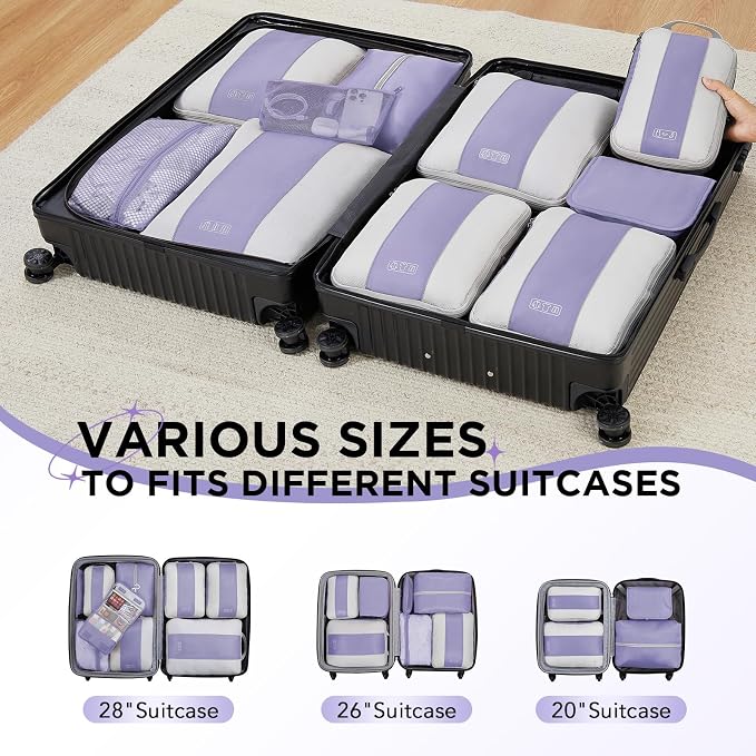 OlarHike 10 Set Compression Packing Cubes for Travel Essentials,Compressible Expandable Space Saver Bags for Organizing Clothes,Luggage Suitcase Garment Bags with Over 1000 pcs Mesh Holes(Purple Gray) - Image 8