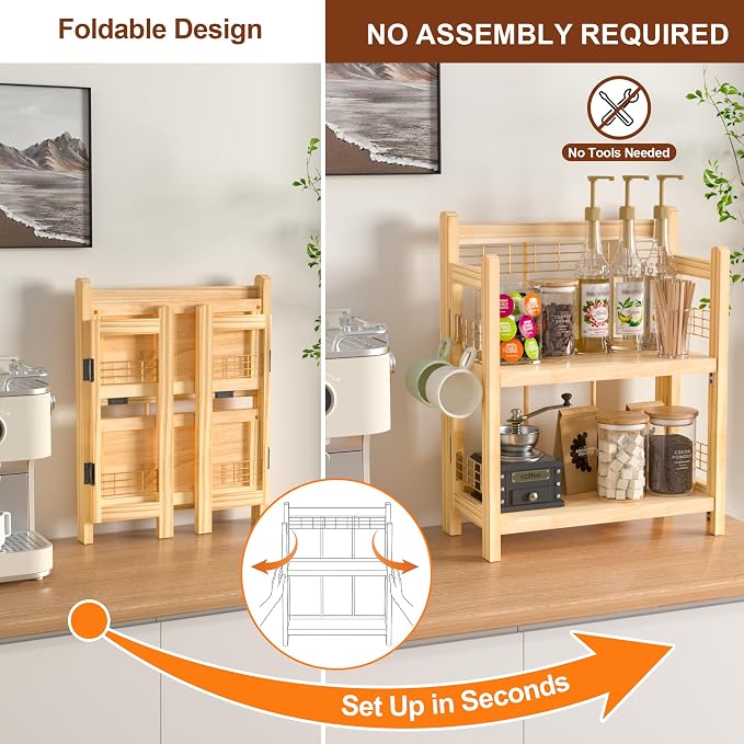 No-Assembly Coffee Bar Organizer, 2-Tier Coffee Station Shelf | Foldable Oak Wood Shelf, Coffee Station Accessories Storage for Syrup & Pod, 3 Hooks for Mugs, Kitchen Condiment Rack Natural - Image 2
