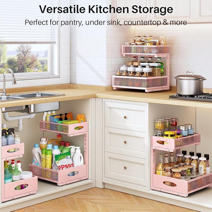 Under Sink Organizer, 2 Tier Pull Out Under Cabinet Organizer Shelf with Pad for Framed Cabinets, Metal Slide Out Under Sink Storage, Mesh Sliding Drawers for Kitchen Bathroom Laundry(Pink, 1 Pack) - Image 8