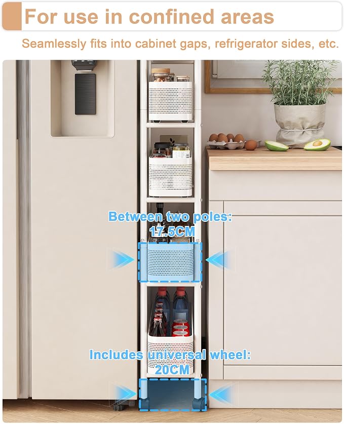 UMDONX 5-Tier Narrow Mobile Storage Cart with Pull-Out Baskets | The Multifunctional Pull-out Storage Rack Is Suitable for Bathrooms, Kitchens, and Laundry Rooms - Image 3