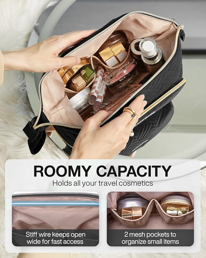 BAGSMART Travel Makeup Bag, Cosmetic Bag Make Up Organizer Case, Large Wide-open Pouch for Women Double Layers Purse for Toiletries Accessories Brushes Black - Image 2