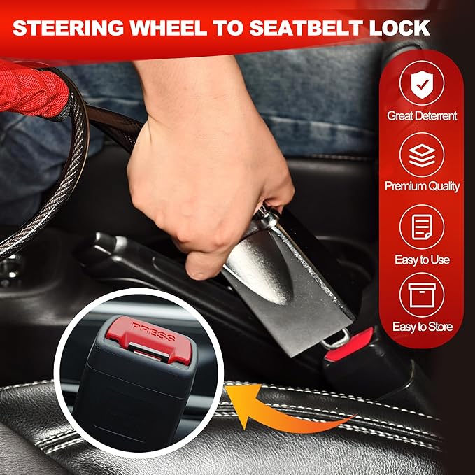 KAYCENTOP Car Steering Wheel Lock, Seat Belt Lock, Car Locks Anti-Theft Device with Aluminum Alloy Lock Housing, Max 17 Inch Length, High Visibility and Light-Weight, Universal Fit, 3Keys(Red) - Image 5