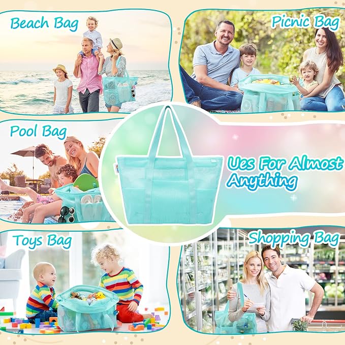 Tagitary Mesh Beach Bag with Zipper Large Beach Tote Waterproof Sandproof with 8 Pockets for Toys Pool Bag Beach Accessories - Image 7