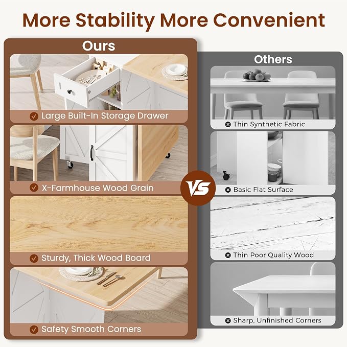 Jocoevol Folding Dining Table for Small Spaces, Foldable Kitchen Table with Drawer, 2-Tier Storage Shelf & Wheels, Space Saving Dining Table for 2 4, Farmhouse, (Natural 47.2" x 23.6" x 29.5") - Image 6