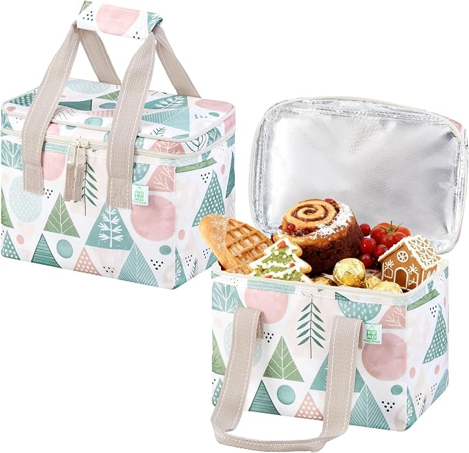 VENO 2 Pack Small Cooler Insulated Lunch Bag Reusable Grocery Shopping Bag | Collapsible Lunch Box Tote for Women Men w/ Handles, Dual Zippers, 9L Capacity for Work Office Picnic Beach (Pastel Forest) by Veno