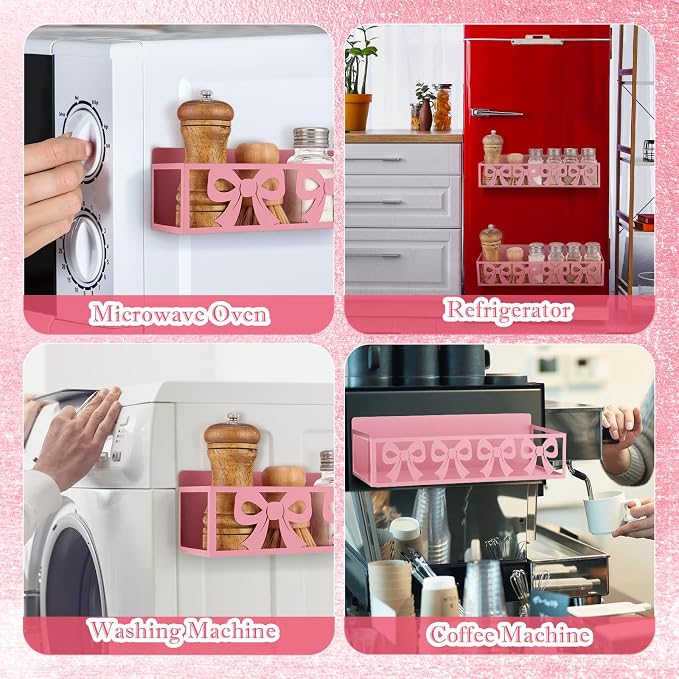 Beeveer 2 Pcs Magnetic Spice Rack for Refrigerator, Pink Bow | Magnetic, No Drilling, Pink Bow Kitchen Decor, Pink Home Accessories, 2 Sizes Metal Storage Shelf for Fridge Spices - Image 5