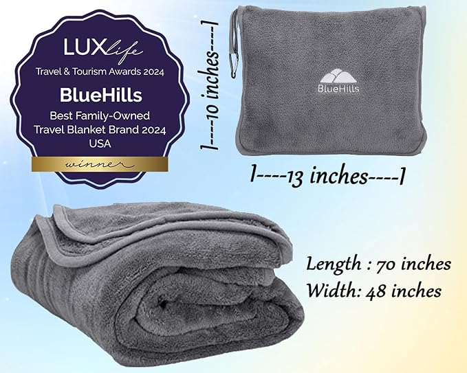 BlueHills Premium Soft Long Travel Blanket Pillow Airplane Large Size Gray | 70 X 48 Large Travel Blanket, Soft Bag Pillowcase, Hand Luggage Belt & Backpack Clip, Long Flight Essentials, Travel Gifts - Image 5