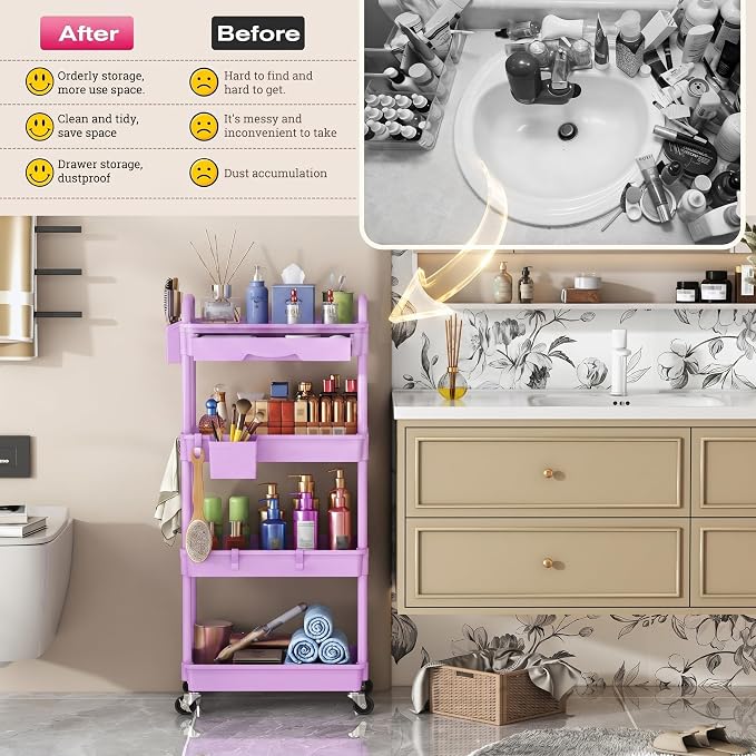 Goovilla Rolling Makeup Organizer Cart with Removable Drawer, 4 Tier Purple | Stable Floor Skincare Storage Cart for Vanity, Cosmetic Display, Nail Polish, Perfume, Hair Stuff, Beauty, Bathroom(Plastic) - Image 7