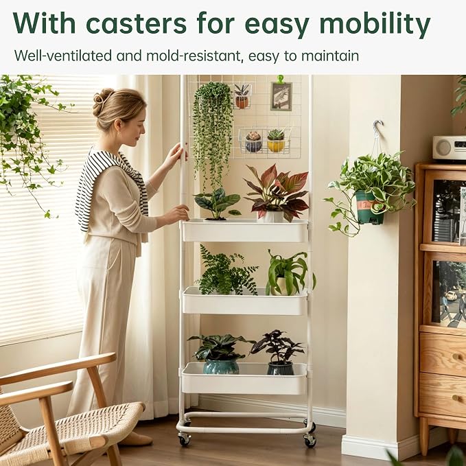 Tall 3 Tier Rolling Cart, Metal Storage Rack with Wheels for Indoor Spaces | Rust-resistant steel frame with adjustable tiers, locking wheels and 50 lbs shelves for flexible indoor organization. - Image 6