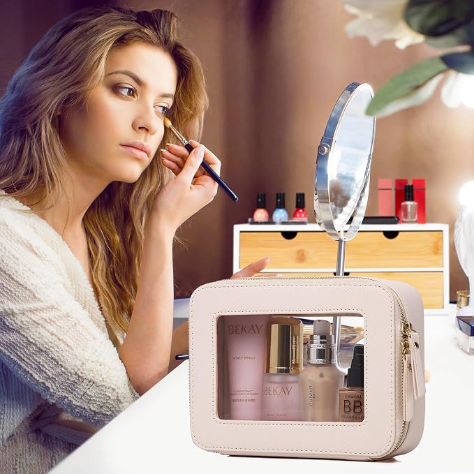 Pinkmik Clear Makeup Bag, (Beige, M+L) | 2PC,Waterproof, Travel Cosmetics and Toiletries Case, Portable Makeup Organizer, Clear Car Bag with Zipper - Image 2