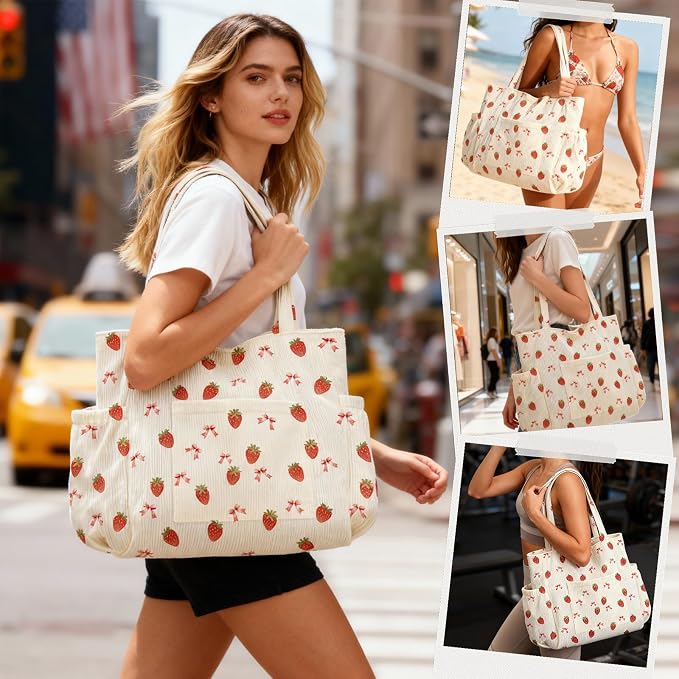 Corduroy Tote Bag for Women,Large Capacity Cute Tote Bags With 6 Pockets,Crossbody Shoulder Handbag for Work Travel Gym - Image 2