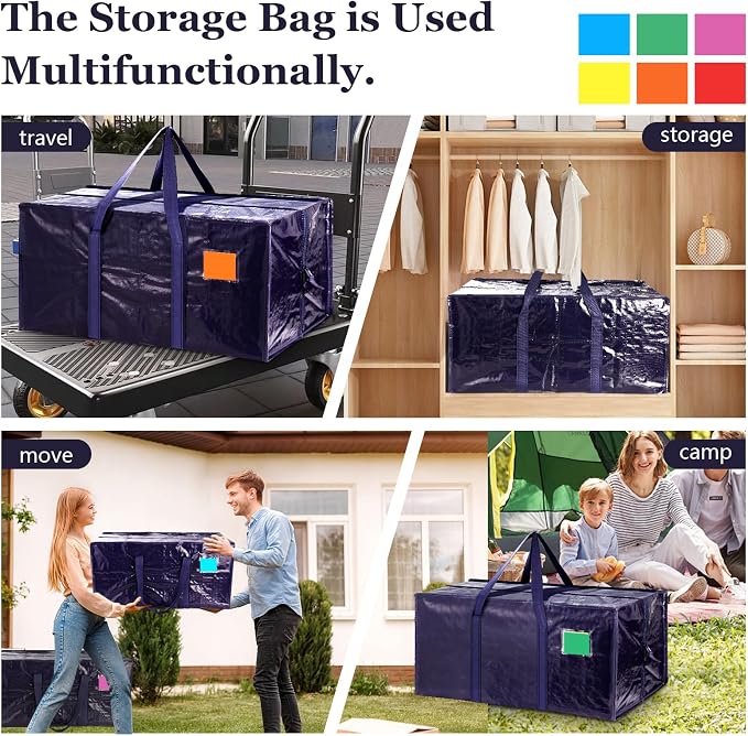 12 Pack Moving Bags with Full-Open Side Zipper, Extra Large 93L Heavy Duty Waterproof Foldable Storage Totes for College Dorm, Moving & Home OrganizationDarkBlue - Image 4