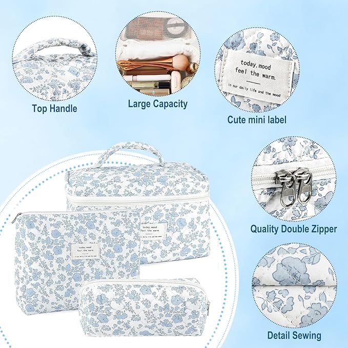 URSKYTOUS 3Pcs Makeup Bag Quilted Cosmetic Bag Set Bow Travel Large Makeup Pouch for Women Cute Portable Cotton Toiletry Bag Skincare Organizer Coquette Vintage Travel Essential - Image 4