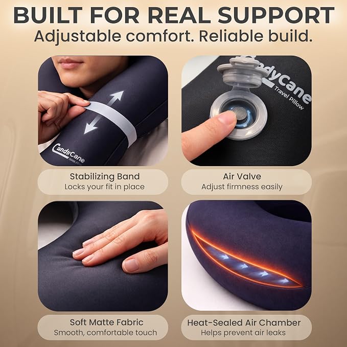 CANDY CANE Inflatable Travel Pillows for Airplanes, Cars & Home. Head, Neck & Chin Support. Firmness Adjustable, Inflatable Neck Pillow (Navy) - Image 7