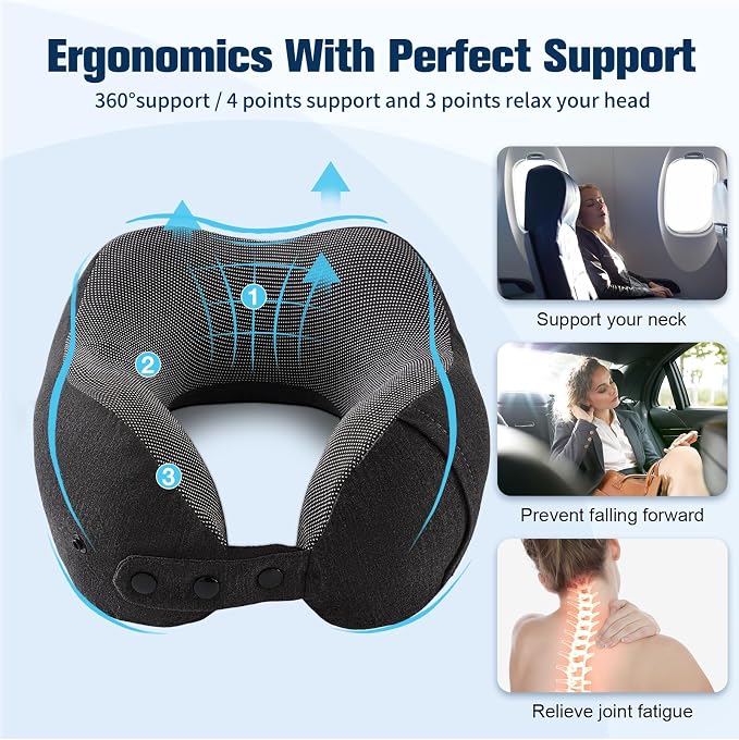 Cirorld Neck Pillow for Traveling, Travel Pillows for Airplanes,100% Pure Memory Foam Travel Neck Pillow, Adjustable Flight Pillow, Portable Plane Accessories with Eye Mask, Earplugs, Carry Bag - Image 8