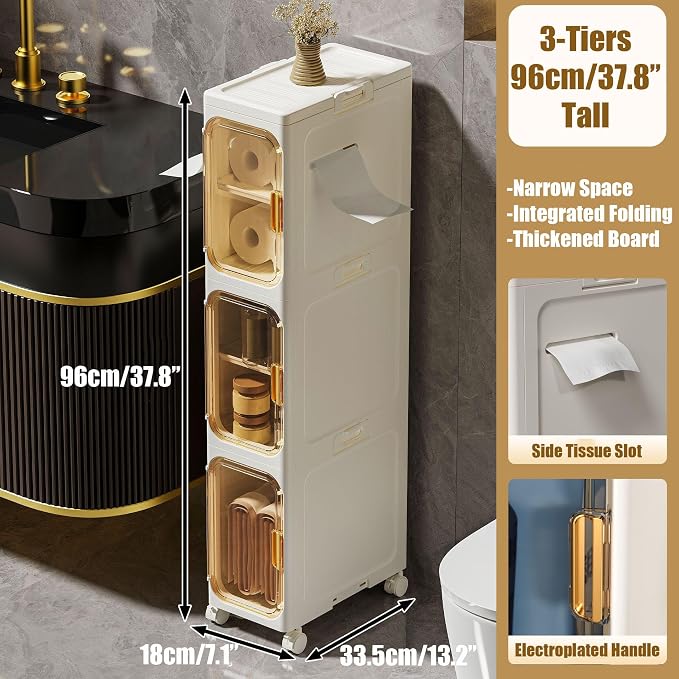 Slim Bathroom Storage Cabinet, Foldable & Movable Narrow Storage Organizer for Small Spaces, Bathroom, Kitchen, Laundry Room, Living Room (3-Tier) - Image 3