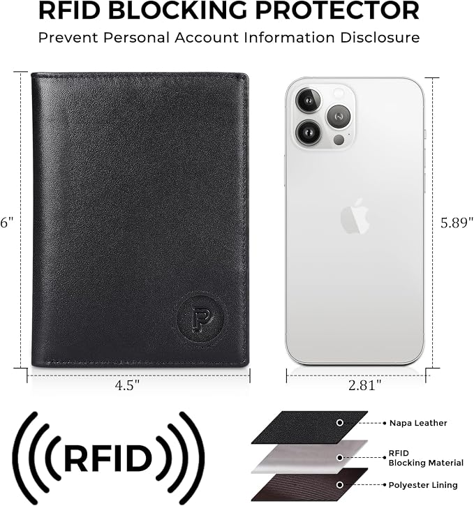 Polare Leather AirTag Passport Holder RFID Blocking Travel Bifold Wallet | Luxury Napa Cowhide Leather, AirTag Slot, Vintage Passport Cover Case, International Travel Wallet, Black/Brown - Image 2
