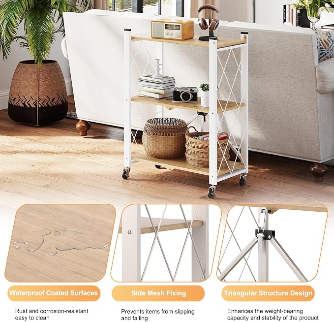 3 Tier Folding Shelf with Wheels, Metal Steel Collapsible Shelves | No Assembly, Portable Folding Storage Shelves, Rolling Standing Utility Rack for Kitchen, Office, Bedroom, Natural - Image 5