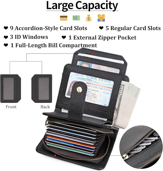 GAEKEAO Small Leather Credit Card Holder Wallets for Women RFID Blocking Bifold Wallet Zipper Pocket with Removable ID Window - Image 2